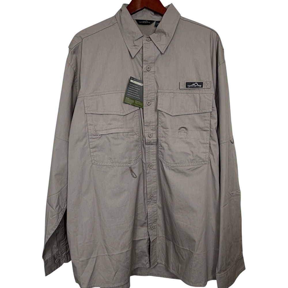 Eddie Bauer Mens Long Sleeve Fishing‎ Shirt Tan Khaki XL NWT Button Up Vented